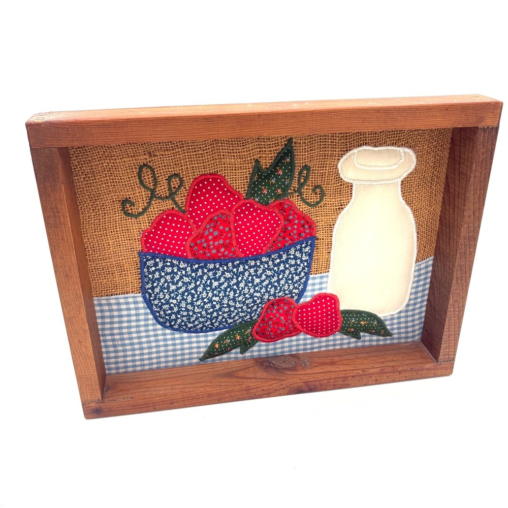 Farmhouse Strawberry Milk Bottle Fabric Applique Shadow Box Rustic Wood Wall Art